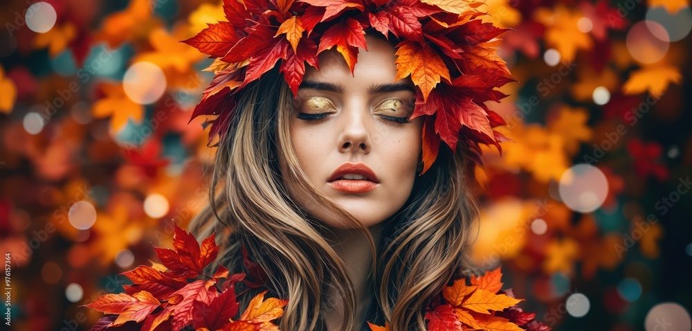 Fototapeta premium A young woman with long, blonde hair and a crown of red and orange autumn leaves gazes directly at the camera, surrounded by a blurred background of colorful autumn leaves
