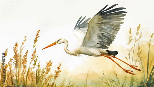 Stork Flying Low Over Reeds Watercolor Illustration For Childrens Book Graceful Stork In Flight Peaceful Wetland Scene Colorful Reeds Art Kids Storybook Serene Bird Illustration