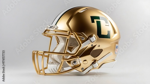 Gold football helmet with a green and white 'D' logo on the side, isolated on a white background.