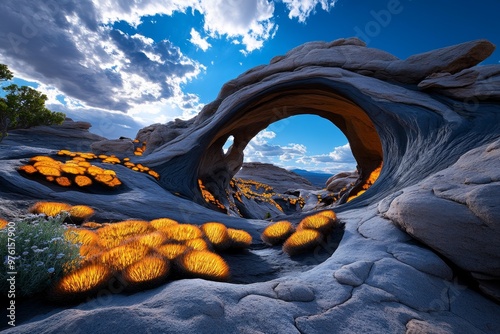 An alien landscape, with massive rock arches and strange, glowing plants under a twilight sky photo