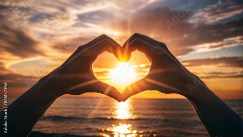 Hands forming a heart shape against a sunset over the ocean, symbolizing love
