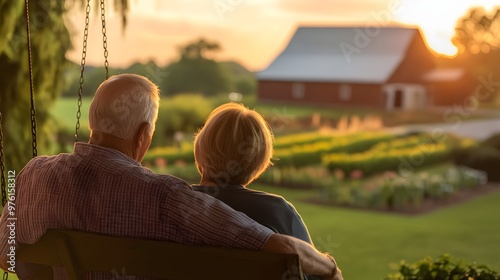 Retired Couple Relaxing on Porch Swing Admiring Sunset Over Peaceful Farm