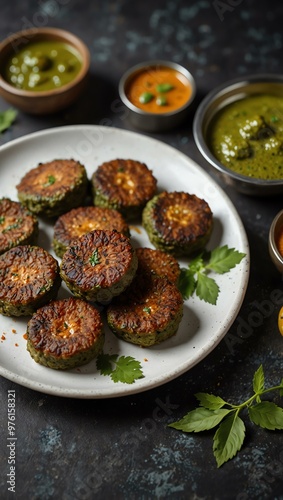 Indian vegetarian snack dish hara bhara kabab with chutney