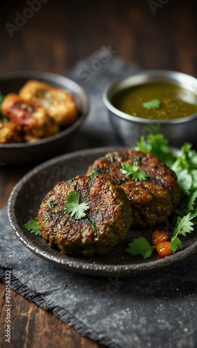 Indian vegetarian snack dish hara bhara kabab with chutney