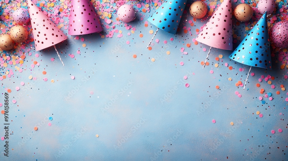 Colorful party hats and confetti on a blue background for celebrations. Colorful party hats and confetti on a blue background for celebrations.