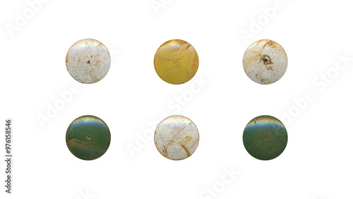 a set of colorful aged circles, rusty stationery tacks in png format, front view, isolated metal push rounded pins on transparent background	 photo