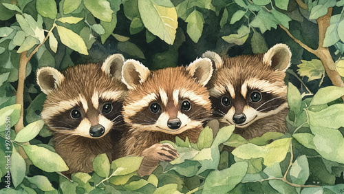 Three Cute Raccoons Hiding In Branches Of Dense Shrubbery Watercolor Illustration For Childrens Book Adorable Raccoon Trio Cozy Shrub Scene Whimsical Woodland Animals