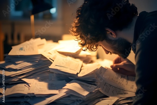 Overwhelmed by Unopened Financial Paperwork and Bills on a Cluttered Desk