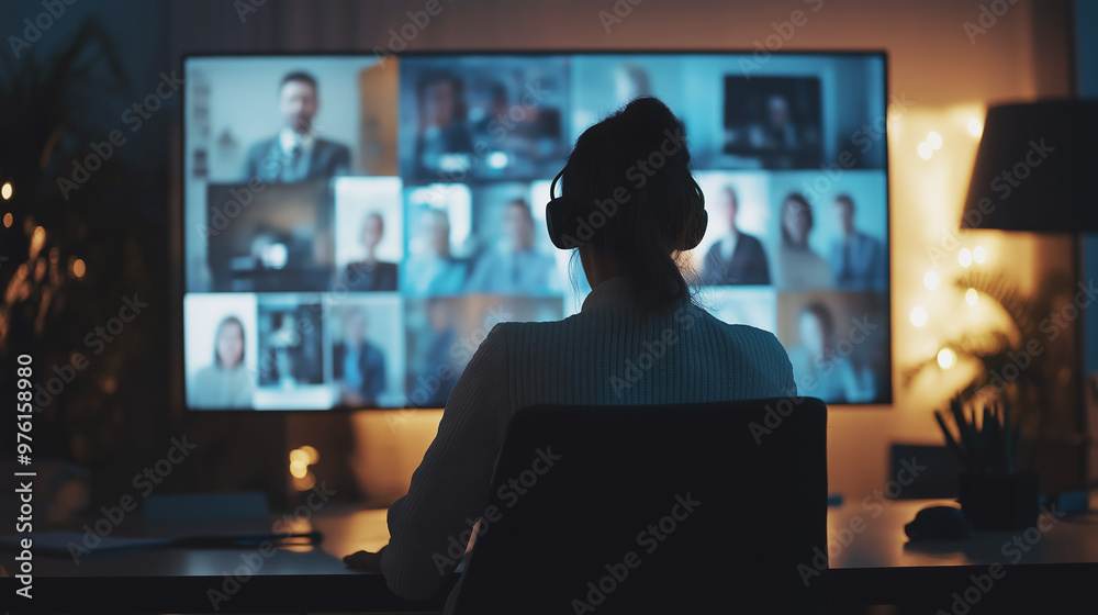 Person wearing headphones participating in an online video conference at night, with a large screen displaying multiple blurred faces of participants Person wearing headphones participating in an online video conference at night, with a large screen displaying multiple blurred faces of participants