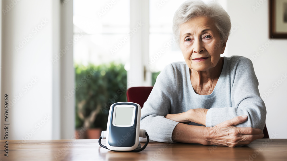 Senior woman sitting at a table with a blood pressure monitor in a bright room looking thoughtful Senior woman sitting at a table with a blood pressure monitor in a bright room looking thoughtful