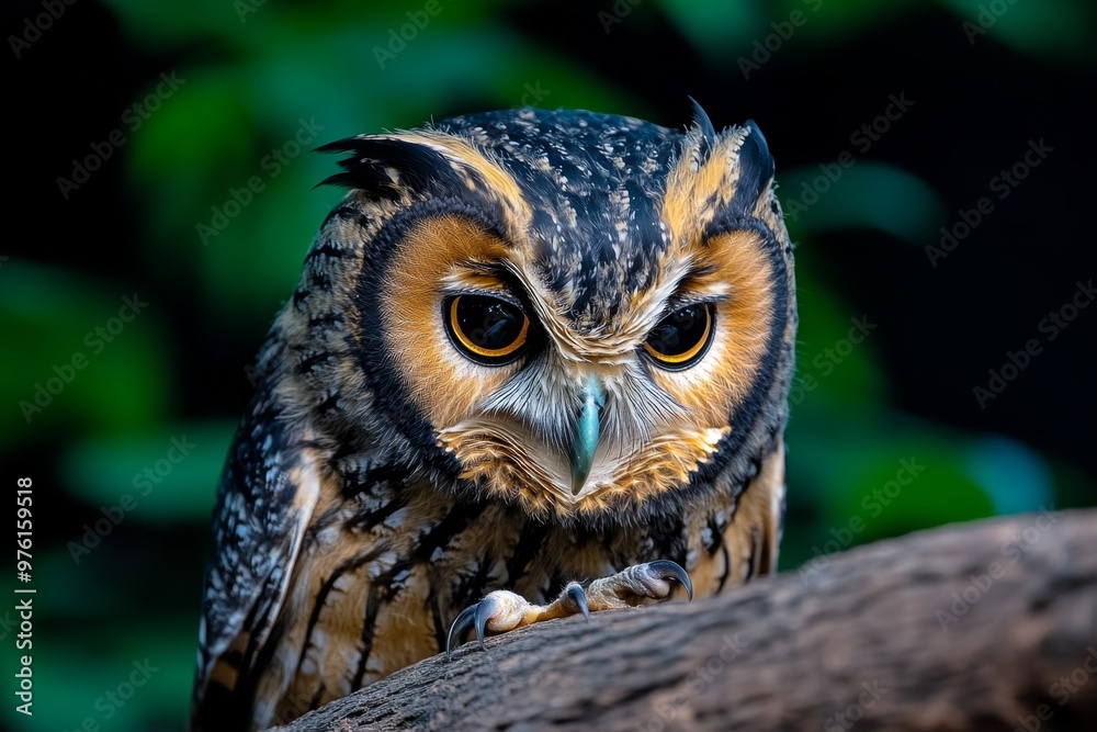 An owl sharpening its beak on a tree branch while its feathers puff up in the cool night air An owl sharpening its beak on a tree branch while its feathers puff up in the cool night air