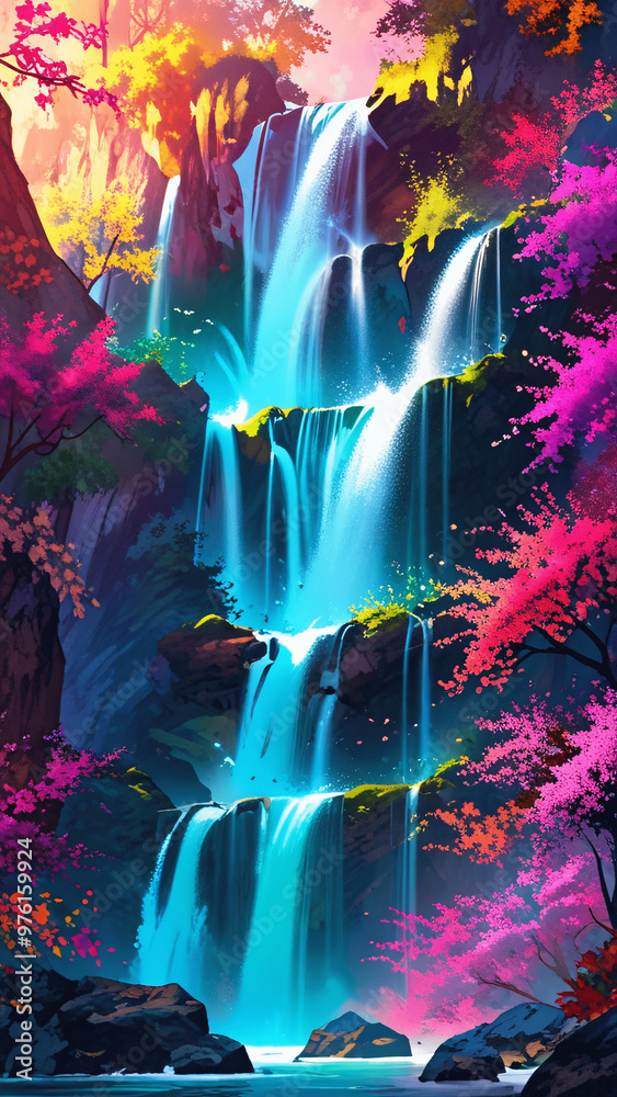 Fototapeta premium Majestic waterfall, vibrant nature colors of lush trees and falling water, phone wallpaper Full HD