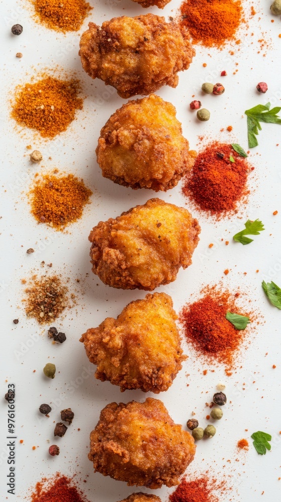 Deep fried chicken nuggets with various colorful spices on white background
