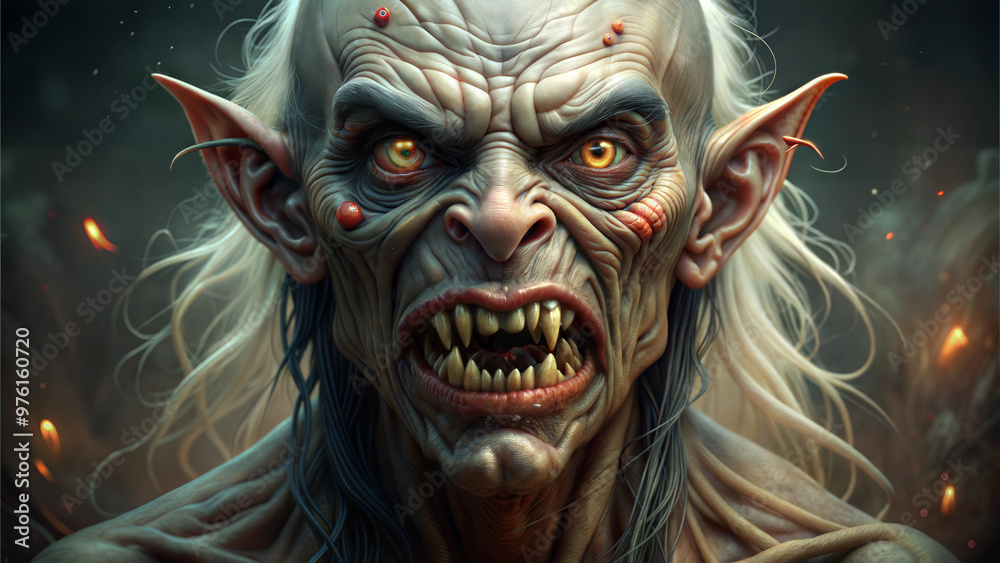 Terrifying vampire close-up with sharp fangs and glowing yellow eyes, realistic horror character design