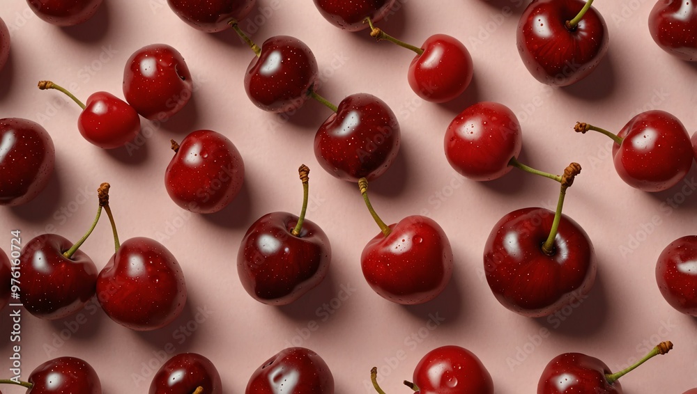 Juicy red cherries arranged symmetrically on a pink background.