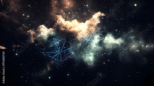 Stardust Pathways : Against a galactic highway, polygonal lines guide travelers. Blues and whites signify stardust trails. The copy space beckons for cosmic quotes or mission statements. 