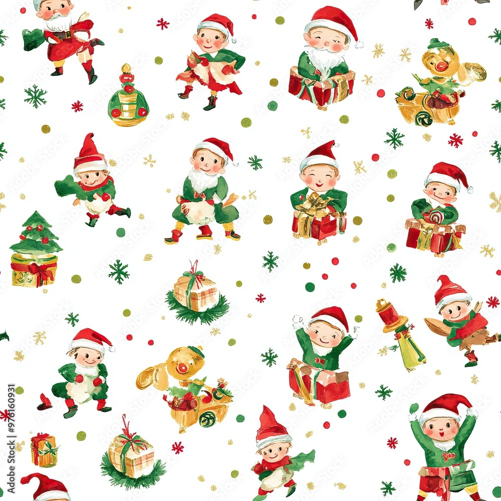 Festive Elves and Christmas Trees. Gift wrapping paper pattern. AI generated image Festive Elves and Christmas Trees. Gift wrapping paper pattern. AI generated image