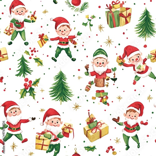 Festive Elves and Christmas Trees. Gift wrapping paper pattern. AI generated image