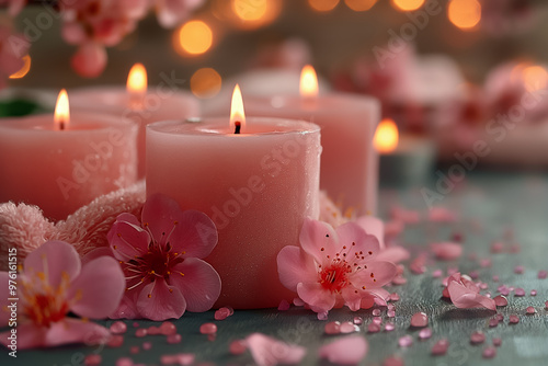 Softly glowing pink candles rest among cherry blossoms, creating a serene atmosphere perfect for relaxation. The warm light enhances the charm of springtime