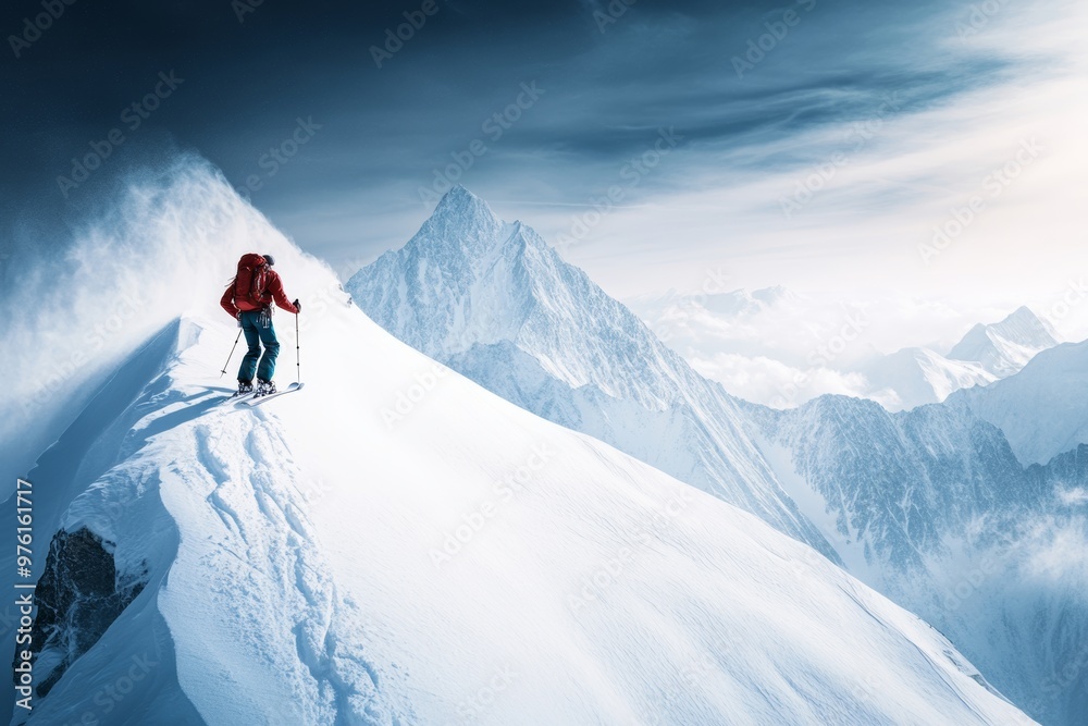 Ski mountaineer conquering a challenging winter summit with space for text overlay in background Ski mountaineer conquering a challenging winter summit with space for text overlay in background