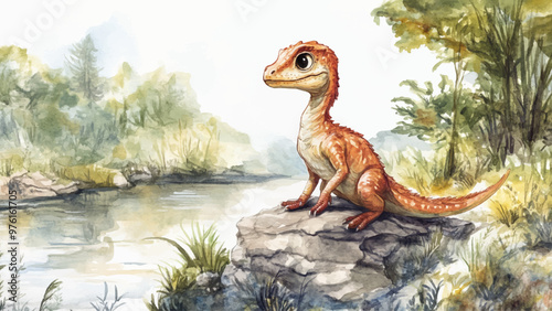 Velociraptor Sitting On Rock By The River Watercolor Illustration For Childrens Book Adorable Character Scene Rock Perch Whimsical Kids Storybook Prehistoric Riverbank Setting