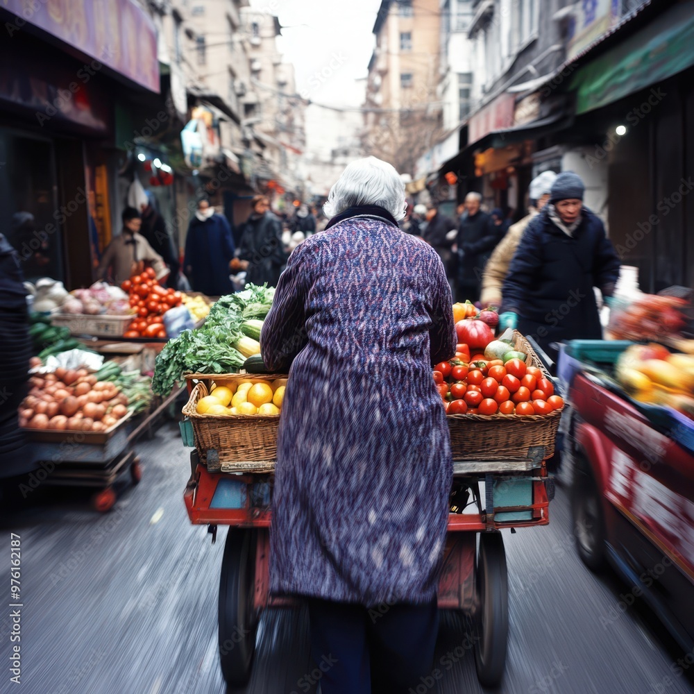 Obraz premium a woman pushing a cart full of fruit down a street