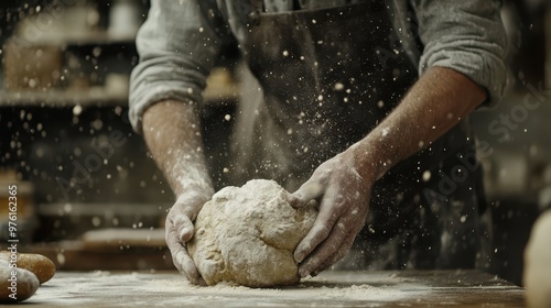 a man is kneading dough on a table photo