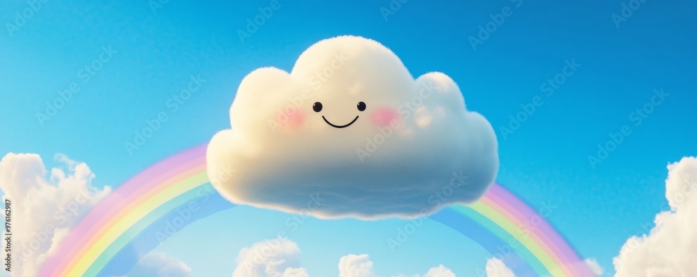 Happy cartoon cloud smiling with rainbow in the sky Happy cartoon cloud smiling with rainbow in the sky