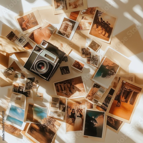 a camera and photos are scattered on a table photo