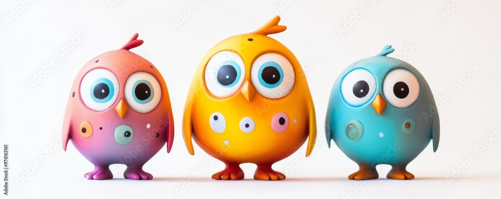 Three funny cartoon birds looking at camera