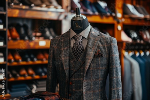 A tailored suit is displayed on a mannequin in a menswear store, surrounded by neatly arranged formal attire and stylish shoes ready for browsing.