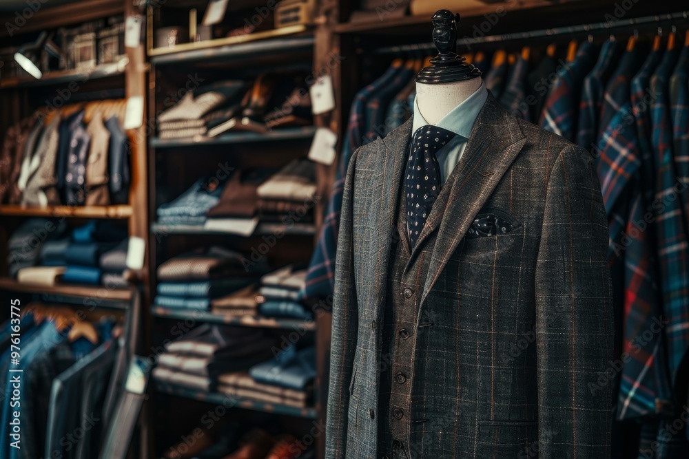 A stylish gray suit is showcased on a mannequin in a vintage clothing shop, while rows of neatly folded fabrics and tailored garments fill the background. A stylish gray suit is showcased on a mannequin in a vintage clothing shop, while rows of neatly folded fabrics and tailored garments fill the background.