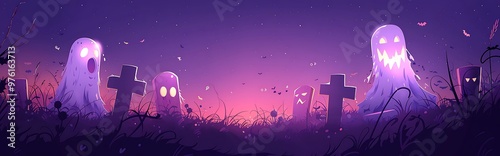 A dark Halloween vector design with ghostly apparitions and isolated gravestones on a solid purple background depth of field