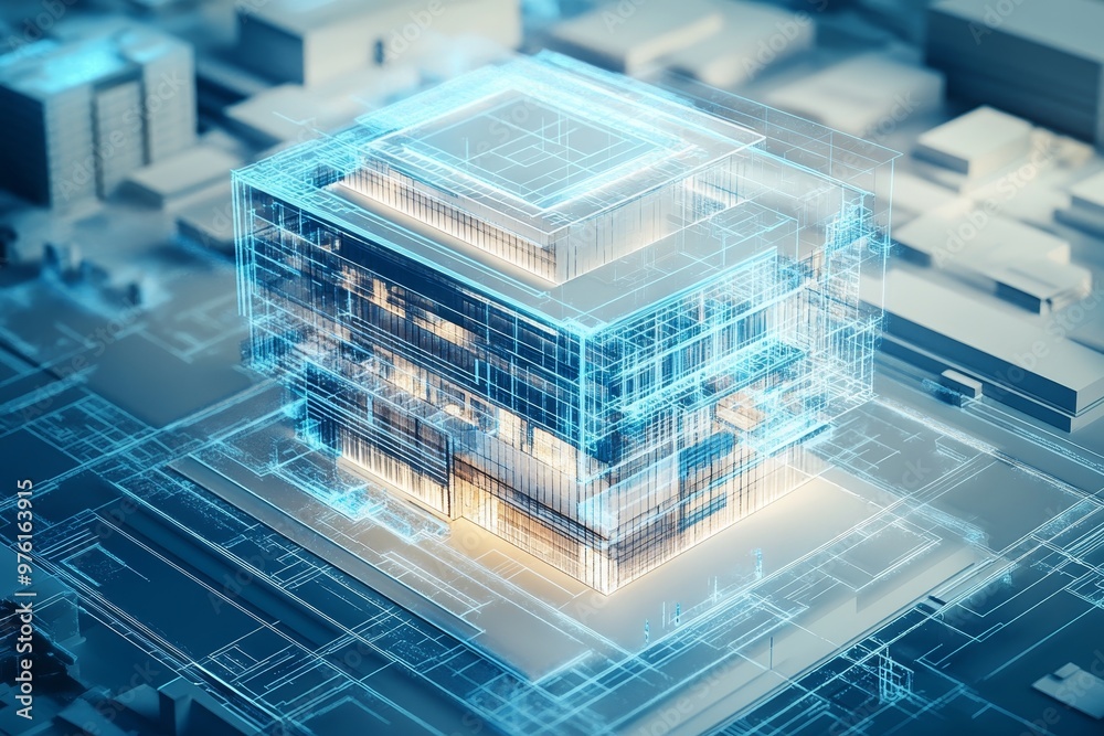 Digital blueprint of an office building with holographic elements showcasing innovative design tech Digital blueprint of an office building with holographic elements showcasing innovative design tech