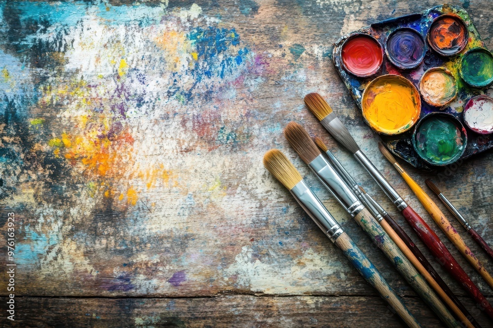 Obraz premium paint brushes and paint on a wooden table