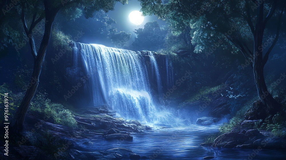A magical moonlit waterfall cascades down rocks in a serene forest.