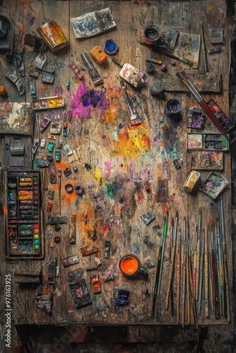 a table with many paint brushes and other tools photo