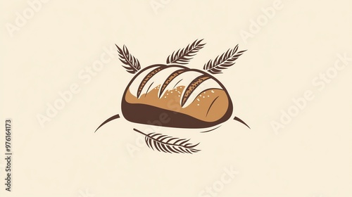 A loaf of bread with wheat stalks on a beige background.