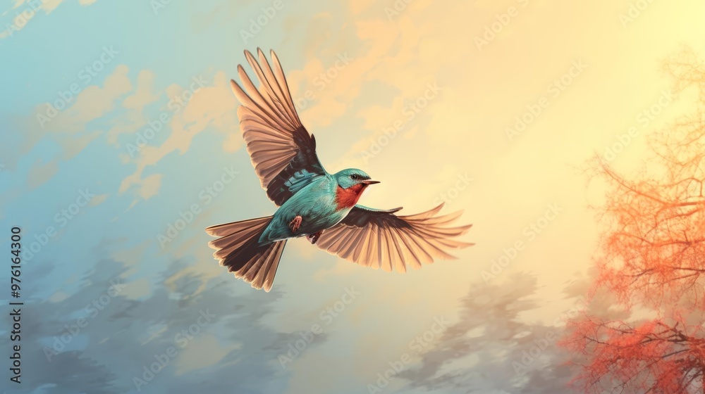 A serene illustration of a bird in flight under a soft blue sky A serene illustration of a bird in flight under a soft blue sky