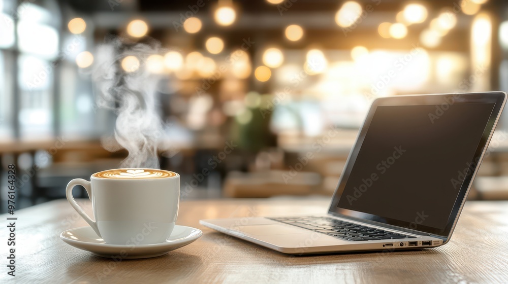 a laptop and a cup of coffee on a wooden table