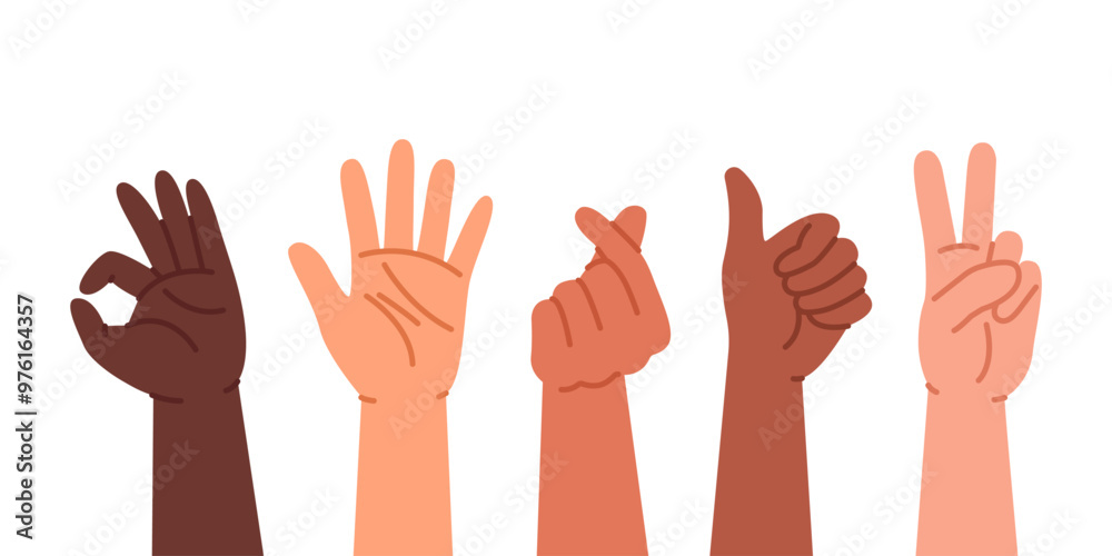 Diverse hands raising and showing positive hand gestures. Multicultural, multiethnic diversity, racial equality. Oneness and friendship. Diverse hands raising and showing positive hand gestures. Multicultural, multiethnic diversity, racial equality. Oneness and friendship.