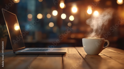 coffee mug and laptop on wooden table photo