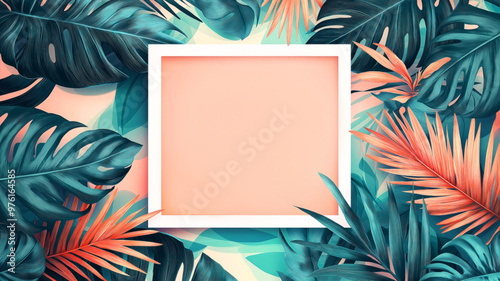 Vibrant tropical-themed background featuring lush monstera and palm leaves in various shades of teal and coral. Central empty square frame of soft peach backdrop. For invitations, posters, branding