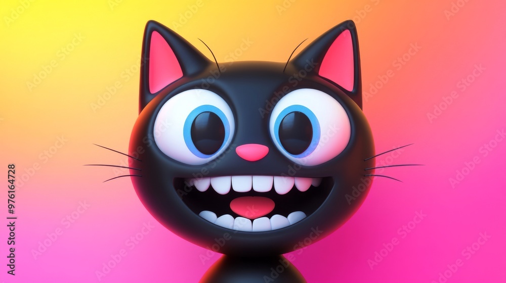 Playful black cat smiling with big eyes on colorful background Playful black cat smiling with big eyes on colorful background