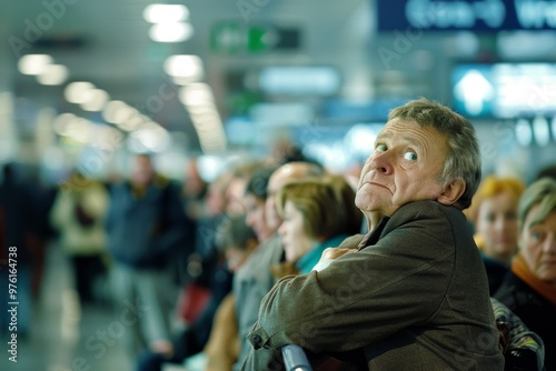 A middle-aged man sits alone in a busy terminal, looking back over his shoulder as passengers move around him, creating a lively atmosphere of anticipation.