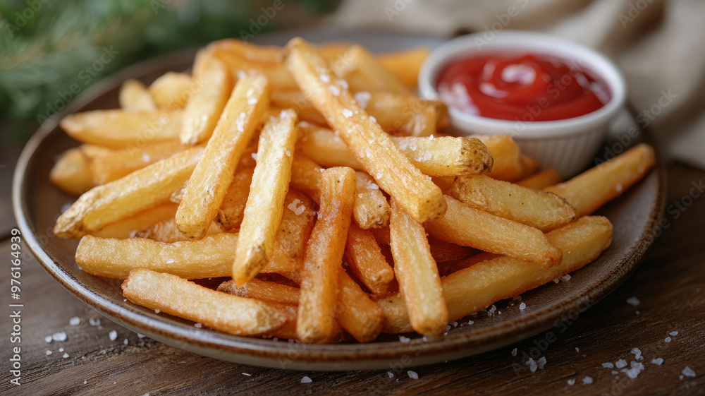 A plate of golden french fries with a side of ketchup. A plate of golden french fries with a side of ketchup.