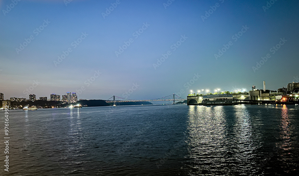 Hudson River at Night. View of George Washington Bridge. West Harlem Piers. Manhattan New York City Hudson River at Night. View of George Washington Bridge. West Harlem Piers. Manhattan New York City