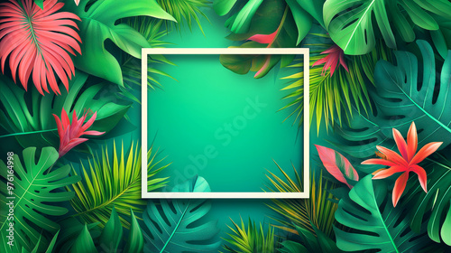Vibrant, tropical-themed design featuring lush, green and red leaves on rich green background. Empty square frame in center creates space for text. Ideal for invitations, posters, social media posts