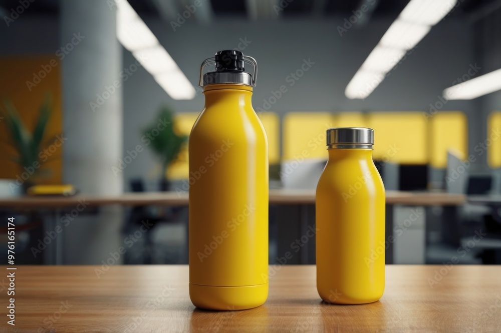 Blank yellow thermos bottle on wooden table with blurred office background. Tumblr bottle mockup Blank yellow thermos bottle on wooden table with blurred office background. Tumblr bottle mockup