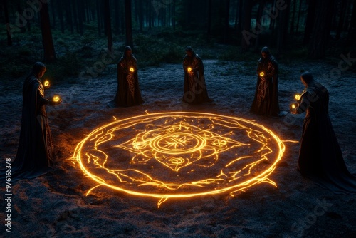 Magical Midnight Ritual represented in a nighttime forest clearing, showcasing a group of mystics performing a ritual with glowing symbols and magical energy swirling around